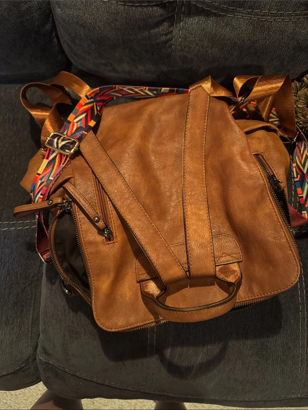 Leather Brown Men's Backpack with Accent Strap